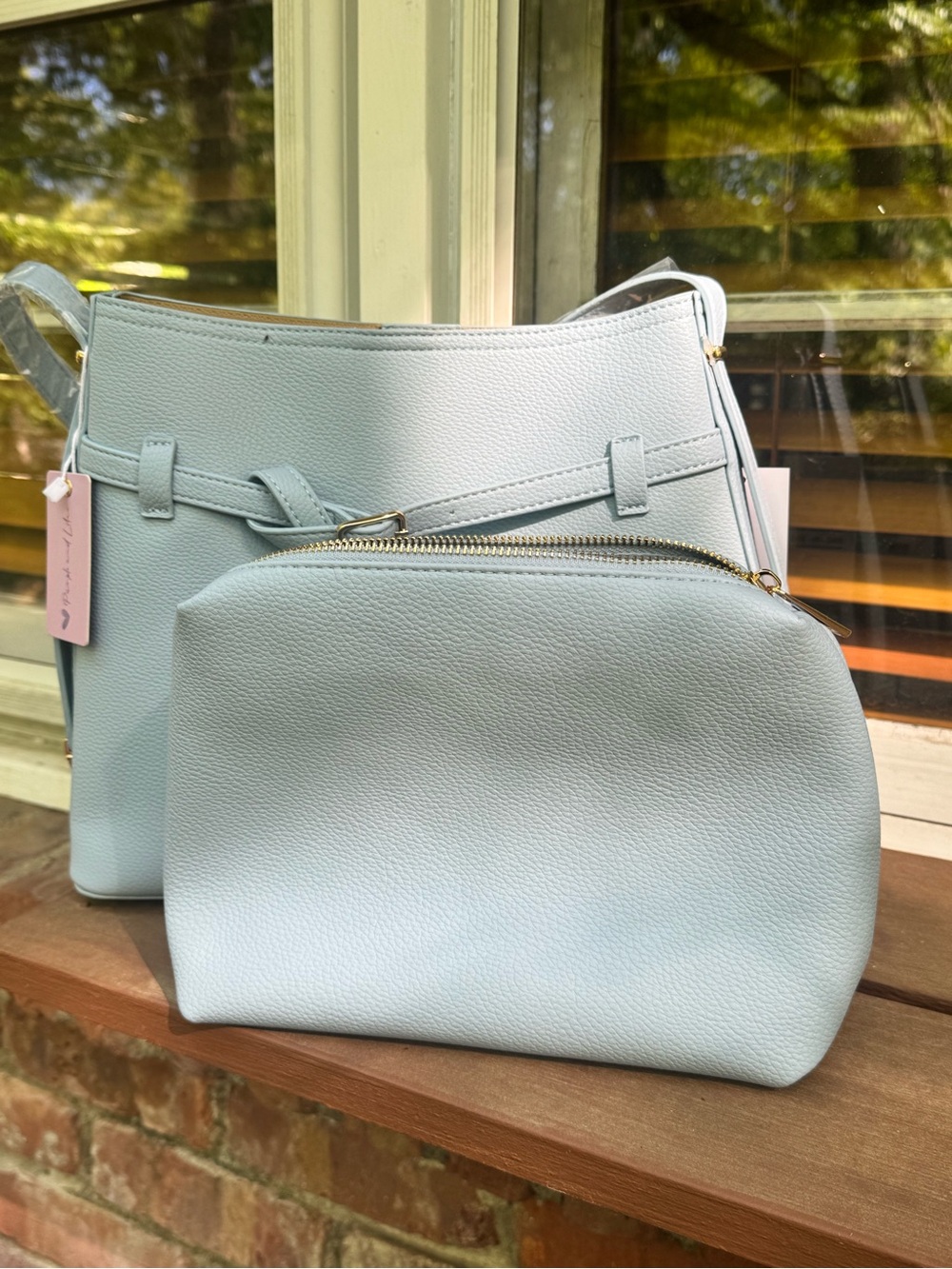 Ello Ice Blue Vegan Leather Bucket Shoulder Bag w/ Belt Detail & Pouch - Picture 5 of 17
